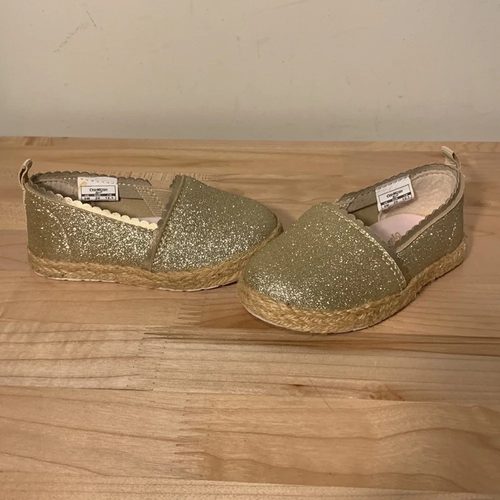 2 Pair Baby Size 5 Casual Slip On Shoe Sparkly Gold And Denim w. Sparkly Rainbow